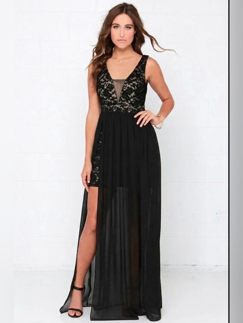 Ark & Co Black Lace Chiffon Overlay Maxi Dress Whimsigoth Romantic Prom Gala